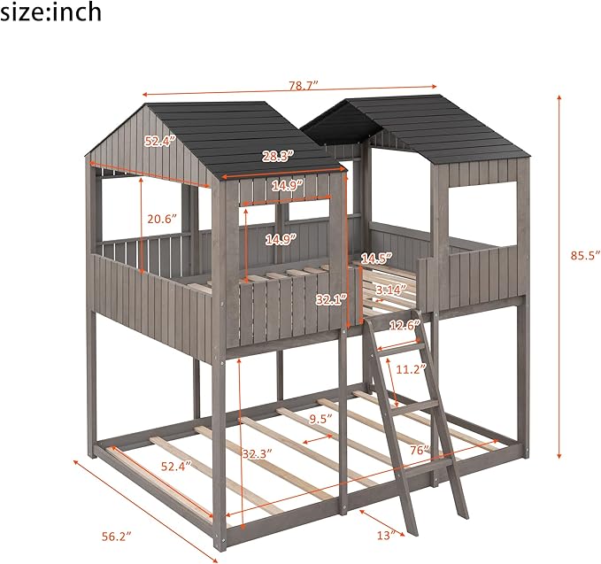 Ball & Cast Full Over Full Size Playhouse Bunk Bed with Roof and Window,Wood Bunkbed w/Full-Length Guard Rail & Ladder,Slat Support,Space Saving,Bedroom Furniture for Student Dorms,Antique Gray
