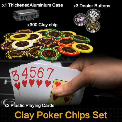 13.5 Gram Clay Poker Chip Set Texas Hold'em Casino Chips 2 Decks of Cards, Aluminum Case Dealer Buttons, for Blackjack Poker Games (300 PCE)