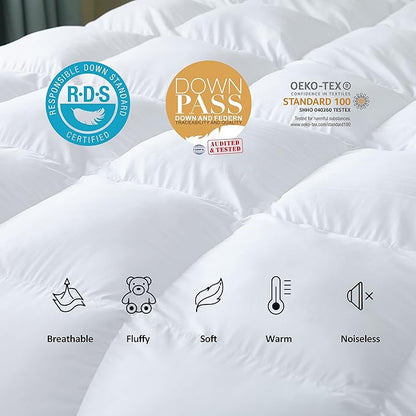 Luxurious All-Season Goose Down Feather Fiber Comforter King Size Duvet Insert, Premium White Solid Plain Design, Premium Baffle Box, 100% Egyptian Cotton, 80 oz Fill Weight