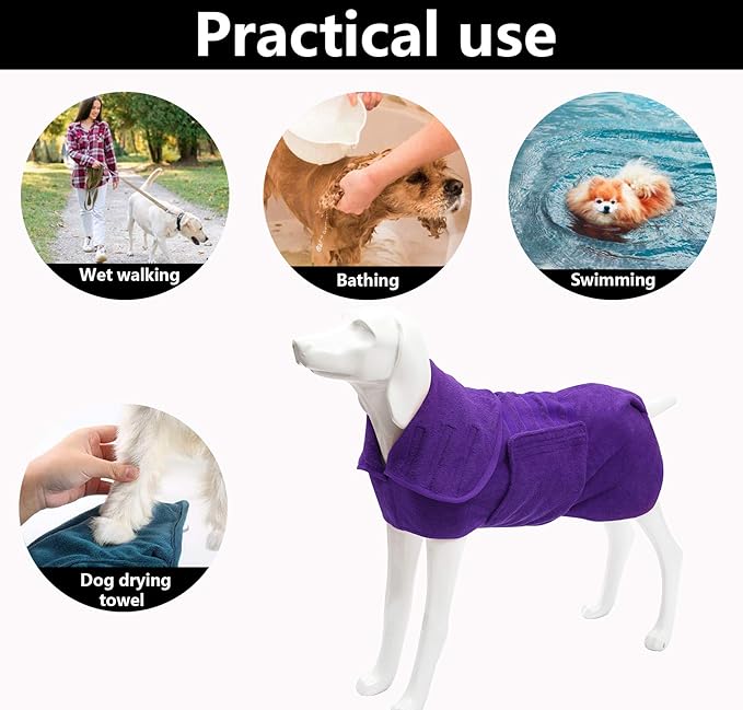 Geyecete Dog Drying Coat - Fast Drying Dog Bathrobe Towel - Microfibre Super Absorbent Pet Cat Bath Robe, Luxuriously Soft Purple XXL