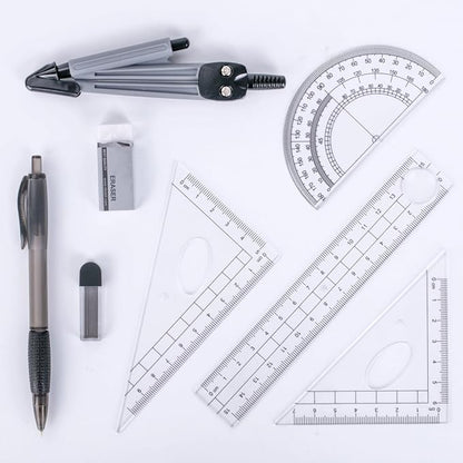Math Geometry Kit Set 8 Pieces Student Supplies with Shatterproof Storage Box & Reusable Pouch,Includes Rulers,Protractor,Compass,Pencil,Eraser.for Students and Engineering Drawings