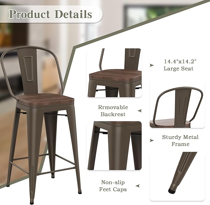 Yongqiang 24 inch Bar Stools Set of 4 Kitchen Counter Height Bar Chairs High Back Metal Barstools with Large Wooden Seat Industrial Rusty