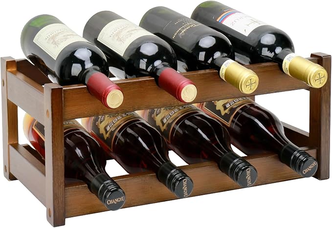 Bamboo Wine Rack, 2-Tier 8 Bottles Wine Storage Cabinet Shelf, Easy-Assembly Freestanding Bamboo Wine Racks Countertop for Kitchen Pantry Dining Room Bar, Walnut