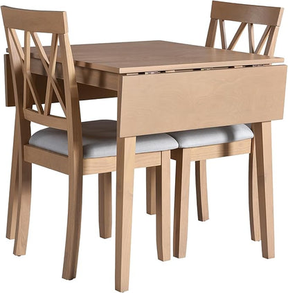 Merax Farmhouse Wood 3-Piece Multifunctional Dining Set, 45.6 inch Extendable Table with Drop Leaf, 2 Upholstered Chairs for Kitchen, Small Space, Natural