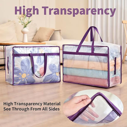 20 Gallon Large Clear Blanket Storage Bags for Bedding with Zipper Handles, 76L Oversized Comforter Storage Bag King Size, Folding Plastic Bedding Storage for Clothes, Bed Sheet, Pillow, Toys, 4Pack