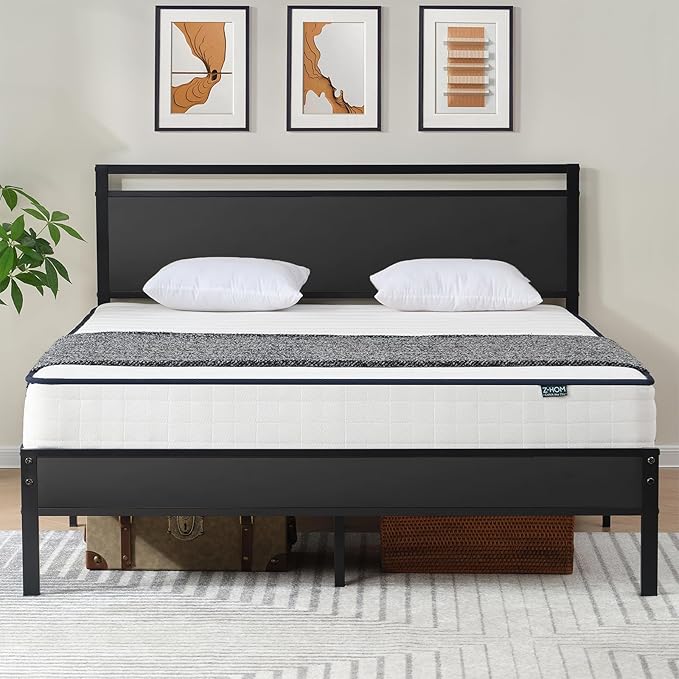 Z-hom Queen Bed Frame with Modern Wood Headboard & Footboard, Upgraded Heavy Duty Metal Sturdy Bed Frame Queen Size, Stable Platform Bed Furniture Bed Storage, No Noise, No Box Springs, Black