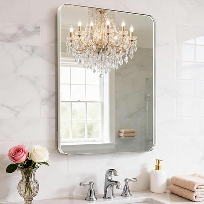 22X32 Inch Brushed Nickel Bathroom Mirror for Wall, Brushed Silver Metal Framed Mirror, Rounded Rectangle Silver Bathroom Mirrors, Tempered Glass, Anti-Rust, Hangs Horizontally or Vertically