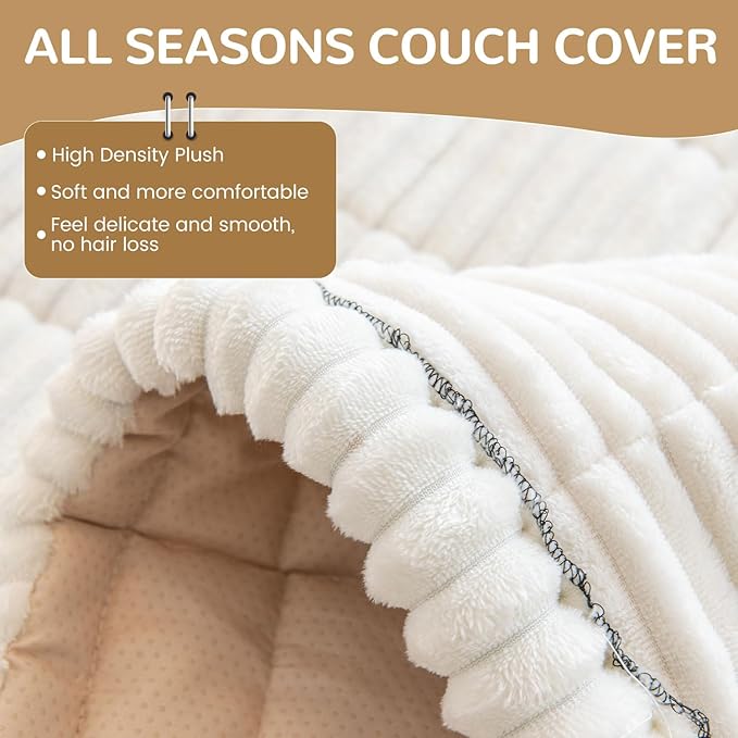 OTOB Couch Covers for 3 Cushion Sofa Pet Friendly, Plush Fuzzy Non Slip Sofa Covers Washable, Soft All Seasons Sofa Slipcovers Furniture Protector Dog Bed Mat (Cream, 27.6" x 82.7")
