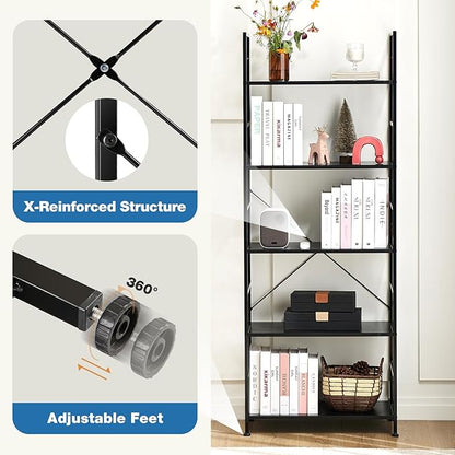 DUMOS 5 Tiers Bookshelf, Classical Book Shelf, Tall Display Shelves in Living Room/Home/Office, Storage Organizer for CDs/Books/Movies, Modern Black