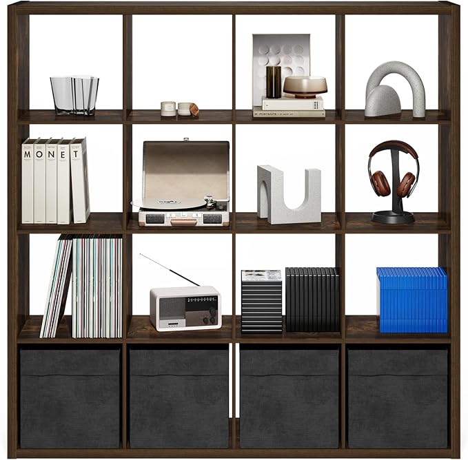Furinno Cubicle Open Back Decorative Cube Storage Organizer, 16-Cube, Amber Pine