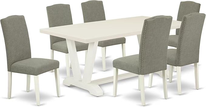East West Furniture V027EN206-7 7 Piece Dining Table Set Consist of a Rectangle Kitchen Table with V-Legs and 6 Dark Shitake Linen Fabric Parson Dining Chairs, 40x72 Inch, Multi-Color