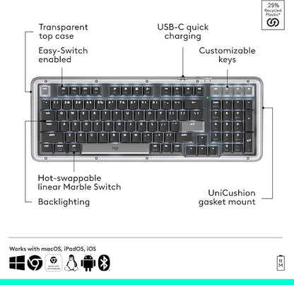 Logitech Alto Keys K98M Wireless Mechanical Keyboard, Customizable Keyboard with Vibration Absorbing Gasket, Backlit Keys, Bluetooth, USB-C Charging, for PC, Mac, Laptops - Graphite