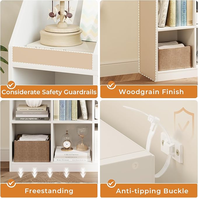 12-Cube Wooden Storage Bookcase - 11-Inch Open Shelf Cabinet, Simple Modern Bookshelf Organizer for Home Office, Living Room, White