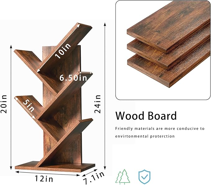 5 Tier Tree Book Shelf, Small Desktop Bookshelf with Storage Organizer, Wood Bookcase, Desk Display Bookshelves, Floor Standing Organizer Bookcases for Living Room,Bedroom,Office-Brown