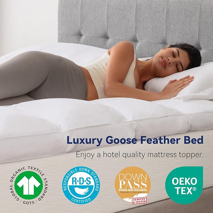 3 Inch White Goose Feather Mattress Topper,King Feather Bed Topper,Mattress Cover with Straps,Ultra Soft Pillowtop,100% Organic Cotton Fabric(78”x80”)