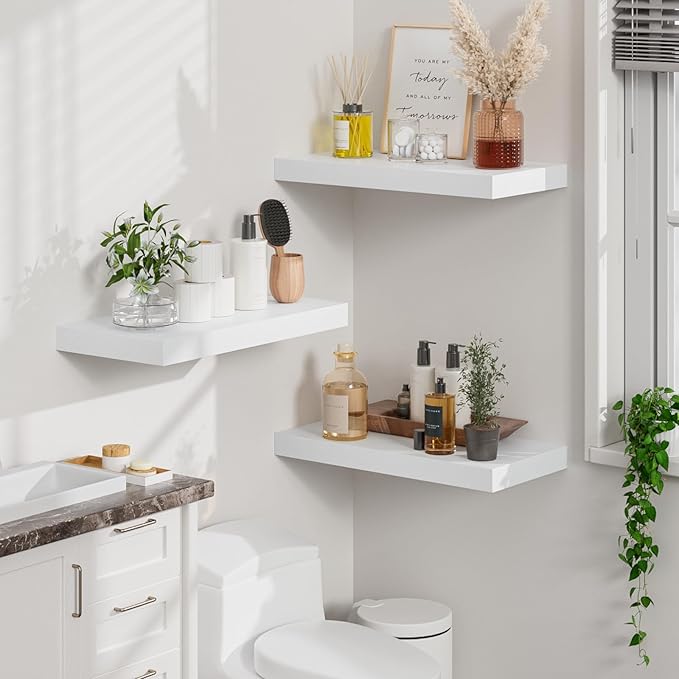 Heimlove 12" Deep White Floating Shelves for Wall, 24 Inch Wall Shelf Bathroom Shelves Set of 2, Wall Mounted Shelves for Books Living Room Laundry Room Bedroom Kitchen Home Office