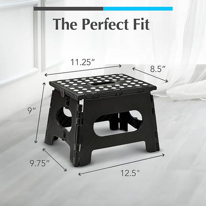 Handy Laundry Folding Step Stool - Sturdy Enough Collapsible Stool to Support Adults and Safe Enough for Kids - Opens Easy with One Flip - Great for Kitchen, Bathroom or Bedroom (Black - 9 Inch)