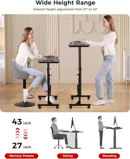 Standing Desk Adjustable Height, Mobile Stand Up Desks with Wheels Small Computer Desk Rolling Desk, Portable Laptop Desk Black Standing Table Sit Stand Home Office Desks 16"x31.5" Height 27"-43.5"