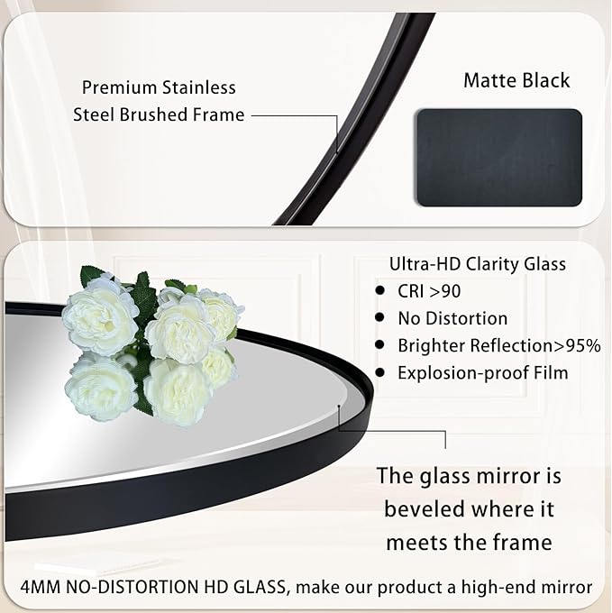 POZINO Beveled Oblong Mirror, 20"x30" Rectangle Rounded Mirror for Over Sink, Modern Black Bathroom Mirrors with Stainless Steel Frame, Vanity Wall Mirrors for Bedroom Living Room Entryway Fireplace