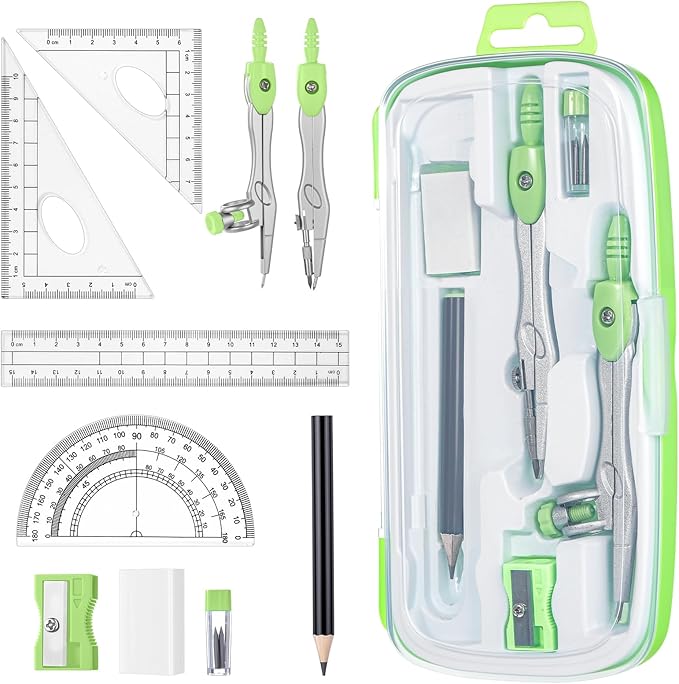 Zonon Math Geometry Set 10 Pcs Student Supplies with Shatterproof Storage Box, Includes Rulers Protractor Compass Pencil Sharpener Lead Refills Eraser Pencil for Drafting and Drawings(Green)
