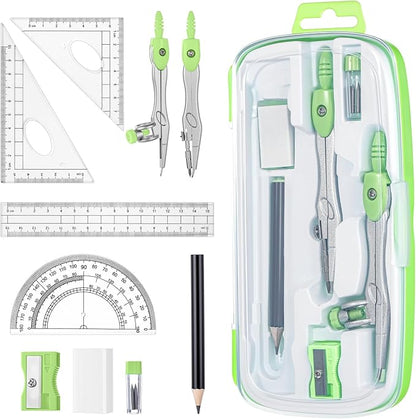 Zonon Math Geometry Set 10 Pcs Student Supplies with Shatterproof Storage Box, Includes Rulers Protractor Compass Pencil Sharpener Lead Refills Eraser Pencil for Drafting and Drawings(Green)