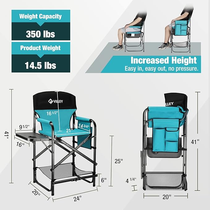 VILLEY Tall Directors Chair, Folding Camping Chairs, Makeup Artist Chair with Foot Rest, 900D Fabric for Tailgating Camp Lawn Picnic Fishing Beach, Supports 350 LBS, Blue