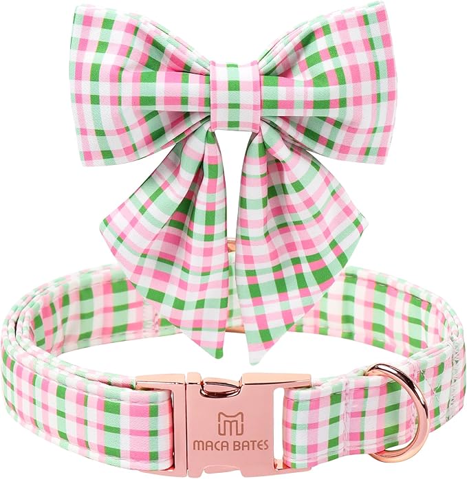 Maca Bates St. Patrick's Day Irish Plaid Dog Collar with Sailor Bow Tie,Cherry Pink Green Gingham Pattern for Large Girl Boy Dogs,Adjustable Durable Soft Collars Gift for Male Female Puppy
