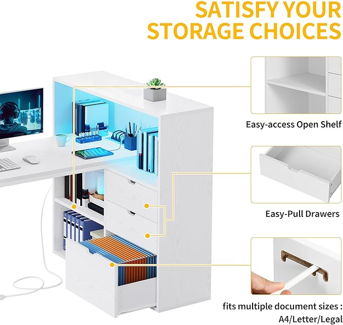 DWVO L Shaped Desk with Drawers, 55" Corner Computer Desk with Bookshelf & Power Outlets & LED Lights, Home Office Desk with Storage Shelves, White