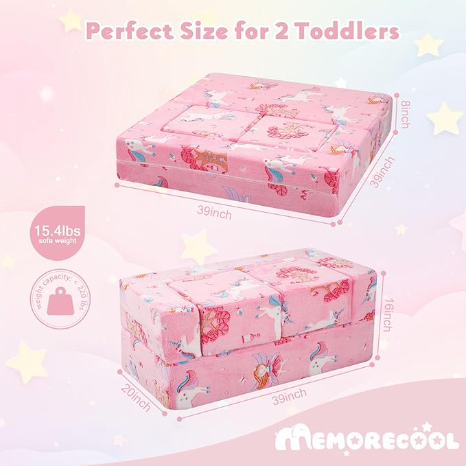 MeMoreCool Modular Kids Couch, Glow Play Toddler Couch for Bedroom Playroom, Convertible Foam Kids Sofa Bed, Fold Out Baby Sofa for Girl Boy, Pink Fairy