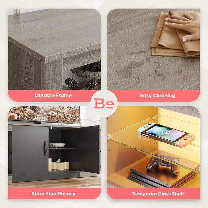 Bestier 70 Inch Led TV Stand for 75 Inch TV Large Entertainment Center Gaming with Adjustable Glass Shelves Two Cabinets Modern TV Console for Living Room 22 RGB Modes, Wash Gray