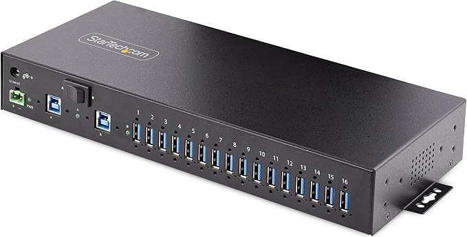 StarTech.com 16-Port Industrial USB 3.0 Hub 5Gbps, Metal, DIN/Surface/Rack Mountable, ESD Protection, Terminal Block Power, up to 120W Shared USB Charging, Dual-Host Hub/Switch, TAA