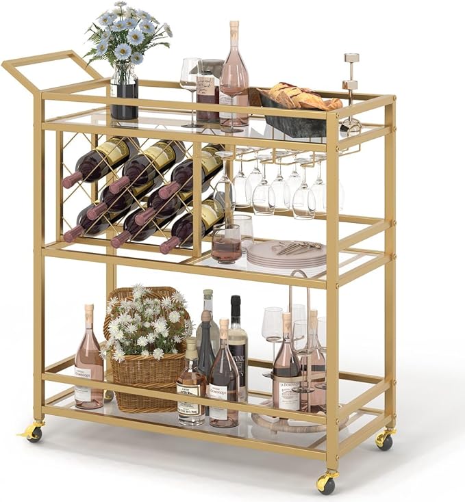 FATORRI Bar Cart Gold, Home Bar Serving Cart with Wine Rack and Glasses Holder, Wine Carts on Wheels with 3 Tier Mirrored Shelves for Liquor and Beverage (Gold)