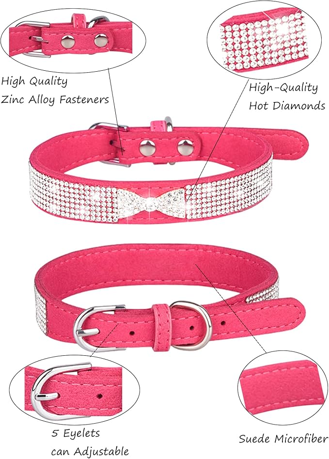 Dog Collar for Small Dogs, Adjustable Leather Suede Bling Dog Collars，Pink Dog Collar Cat Collar, Rhinestone Dog Collar (M, Rose red4)