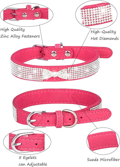 Dog Collar for Small Dogs, Adjustable Leather Suede Bling Dog Collars，Pink Dog Collar Cat Collar, Rhinestone Dog Collar (M, Rose red4)