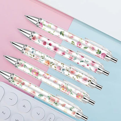 10 PCS Pink Floral Pens Flower Ballpoint Pens 0.5 mm Rollerball Tip Cute Fashionable Retractable Ballpoint Pen for Office Supplies Black Ink, Medium Point (Pink Flower, 10)