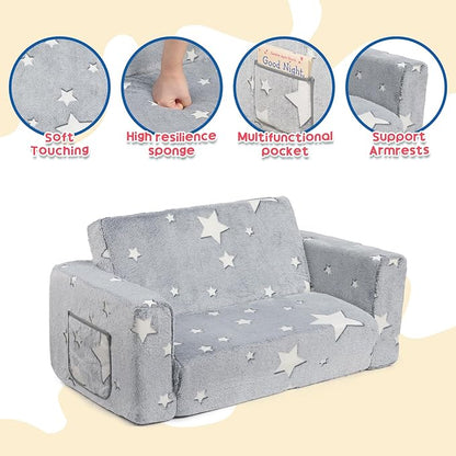 ALIMORDEN Fold Out Toddler Couch, Extra Wide Comfy 2-in-1 Cuddly Sherpa Sofa for Kids, with Removable Baby Friendly Blanket, Convertible Sofa to Bed, Star