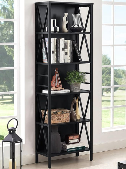 HOMISSUE Tall Bookshelf, 6-Tier Book Shelf, Rustic Wood Metal Bookshelves and Bookcases, Freestanding and Industrial Open Bookcase for Home Office, Living Room and Bedroom, Black