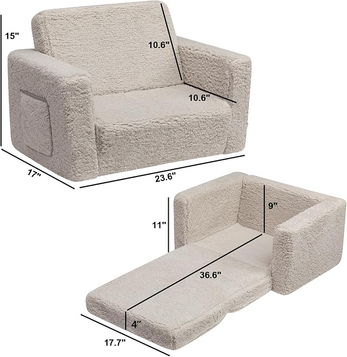 ALIMORDEN Kids Couch, 2-in-1 Fold Out Toddler Chair & Snuggly Foam Lounger Seat, Removable Washable Cover - Soft Reading Couch, Ideal Gift for for Boys and Girls, Light Grey