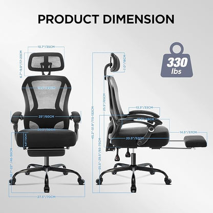 Ergonomic Office Chair with Footrest,Ultra Thick Reclining Office Desk Chair with Adjustable 2D Lumbar Support and Headrest,Spring Cushion,High Back Premium Mesh Computer Chair Office Chairs,Black