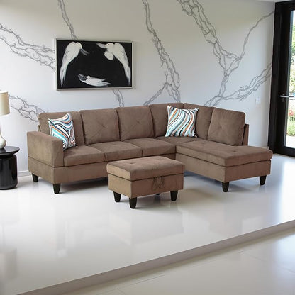 Couches for Living Room Modern L Shaped Couch Comfy Sackcloth Fabric 3 Pieces Sectional Sofa with Chaise, Ottoman with Storage for Office and Small Apartment, Brown