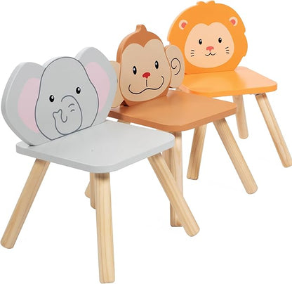 Kids Wooden Animal Table & Chair Set w 4 Seats- Monkey Lion & Elephant Plus Adult Stool for Arts Crafts, Dining, Pretend Play- Durable Playroom Furniture for Home, Daycare Classroom- Toddler Gift