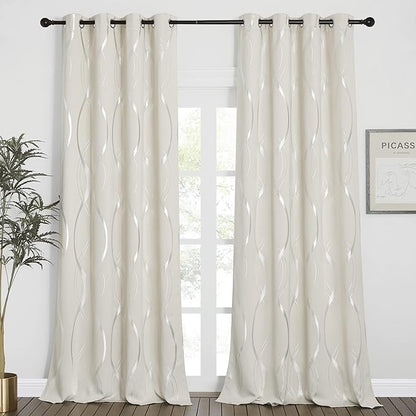 NICETOWN Extra Long Blackout Curtains for Large Window, Beige, 2 Panels, 52 inches by 102 inches, Foil Printed Wave Lines Energy Saving Thermal Insulated Draperies for Kids Nursery Boys Adult Bedroom
