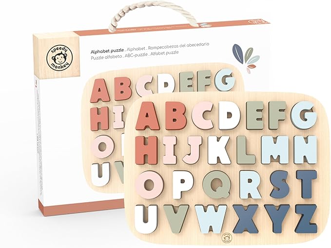 Speedy Monkey Colorful Wooden Alphabet Puzzle | Non Toxic, Child-Safe Paint, Learning Toy for Kids, Educational Fun, Easy-Grasp Letters, Enhances Fine Motor Skills