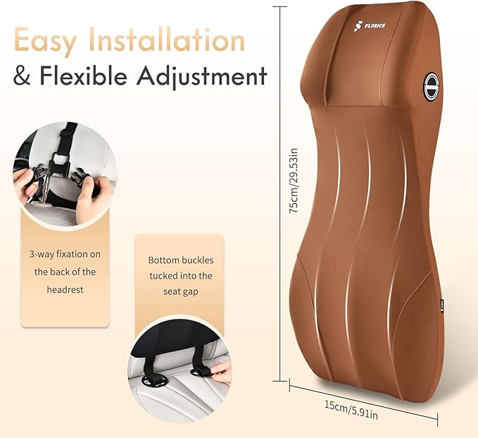 FLORICH Car Seat Lumbar Support with Headrest Pillow Memory Foam Car Lumbar Pillow Back Support Cushion 2-in-1 Ergonomic Back Rest Pillow & Car Neck Pillow for Driving Tailbone Pain Relief, Brown