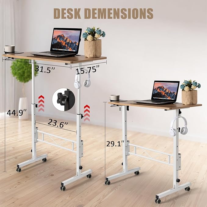 SIDUCAL Small Standing Desk Adjustable Height, Small Mobile Stand Up Desk with Wheels, Rolling Desk for Standing or Sitting, Portable Computer Desk for Walking Pad