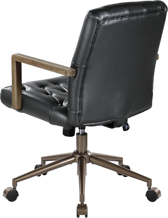 OSP Home Furnishings Waltham Adjustable Height and Tilt, Swivel Home Office Chair with Wood Arms, Black Faux Leather