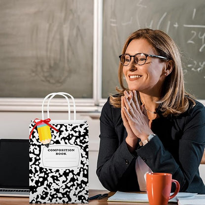 Kolldenn Teacher Gift Bags Composition Paper Bags with Handles Notebook Line Teacher Appreciation Graduation Gifts Bag for Kindergarten Preschool End of Year Party Favors Wrapping(24 Pcs,Composition)
