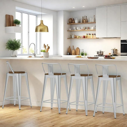 24 Inch Swivel Bar Stools Set of 4, Counter Height Bar Stools with Low Back, Metal Industrial Bar Chairs for Kitchen Island (Silver)