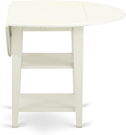East West Furniture SUDA5-LWH-C 5 Piece Kitchen Table Set for 4 Includes a Round Dining Room Table with Dropleaf & Shelves and 4 Linen Fabric Upholstered Chairs, 42x42 Inch, Linen White