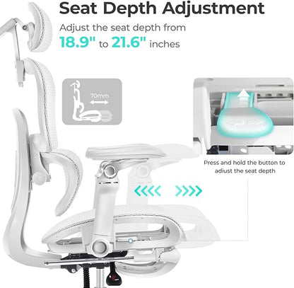 Ergonomic Office Chair with 9D Arms,Adjustable Seat Depth,3D Lumbar Support,135° Recline,3D Headrest & Footrest,Mesh Computer Desk Chair - Ultimate Comfort for Home & Executive Office White